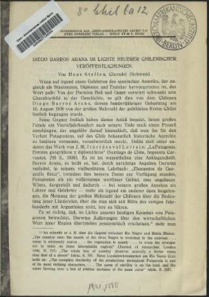Diego Barros Arana im Lichte neuerer chilenischer Veröffentlichungen.