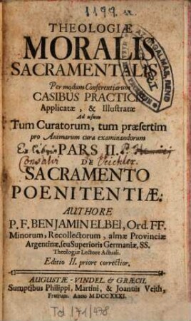 Theologia moralis sacramentalis Tripartita, 2. 1731