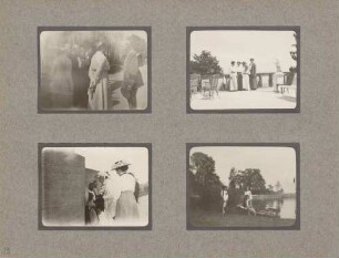 links oben: Honoratioren vor Schloss Mainau rechts oben: Unbekannt (4 Damen) auf der Tesrrasse von Schloss Mainau links unten: Großherzogin Luise mit Damen und Kindern auf der Tesrrasse von Schloss Mainau rechts unten: Boot am Strand der Insel Mainau
