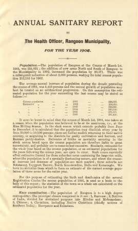 Annual sanitary report by the health officer, Rangoon municipality for the year 1906