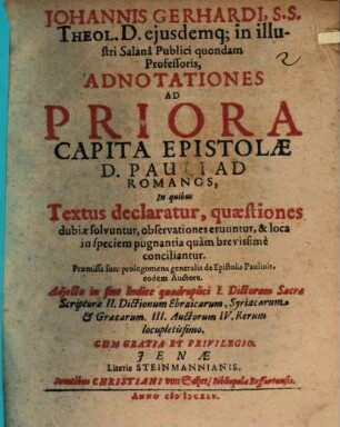 Adnotationes ad priora capita epistolae D. Pauli ad Romanos