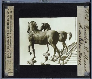 Venedig, Markusdom : Zwei Pferde der Quadriga auf der Loggia am Westportal