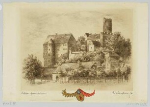 Die Burg Gnandstein südlich von Frohburg (Kohren-Sahlis-Gnandstein), darunter das gemalte Wappen der Familie von Einsiedel als Besitzer der Burg