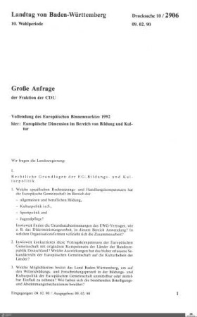 Anfrage der CDU: Vollendung des Europäischen Binnenmarktes