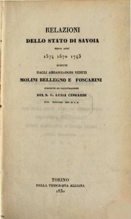 Relazioni dello stato di Savoia negli anni 1574, 1670, 1743