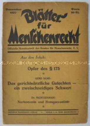 Monatszeitschrift des Bundes für Menschenrechte u.a. zum Thema Homosexualität