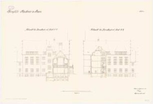 Königliche Akademie, Posen: Aufriss der Nordansicht und der Südansicht des Hörsaalflügels mit Querschnitten 1:100