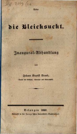 Über die Bleichsucht : Inaugural-Abhandlng