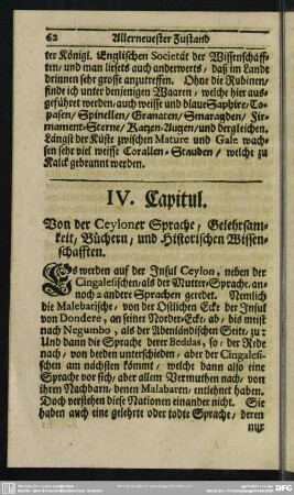 IV. Capitul. Von der Cyloner Sprache, Gelehrsamkeit, Büchern, und Historischen Wissenschafften