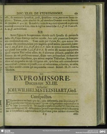 De Expromissore, Discursus XLIII. Defendens Joh. Wilhelm. Steinhart, Ged.