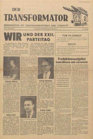 TRO-Betriebszeitung 'Der Transformator'; Nr. 39/1961 (Oktober 1961)