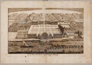Das Schloss Pillnitz bei Dresden vom linken Ufer über die Elbe aus der Vogelperspektive gesehen
