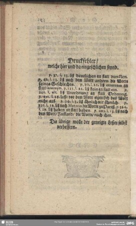 Druckfehler, welche hier und da eingeschlichen seynd