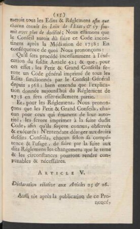 Article V. Déclaration rélative aux Articles 25 & 26.