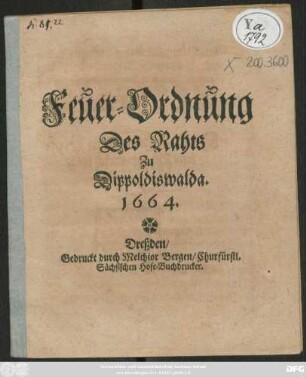 Feuer-Ordnung des Rahts zu Dippoldiswalda 1664