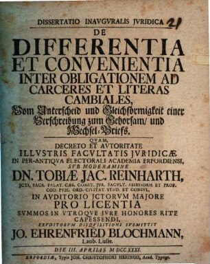 Dissertatio Inavgvralis Jvridica De Differentia Et Convenientia Inter Obligationem Ad Carceres Et Literas Cambiales
