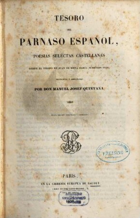 Tesoro del parnaso español : poesias selectas castellanas desde el tiempo de Juan de Mena hasta nuestros dias