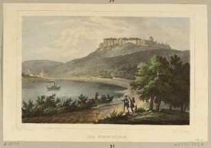 Der Königstein mit der Festung in der Sächsischen Schweiz vom Elbufer nach Südosten, ganz links die Stadt Königstein
