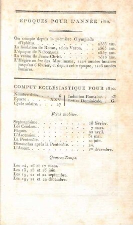 Époques pour l'année 1810. Comput ecclesiastique pour 1810. [Les quatres saisons de l'année 1810. Éclipses.]