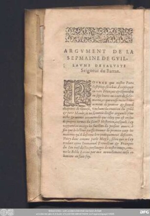 Argument De La Sepmaine De Guillaume De Saluste Seigneur du Bartas.