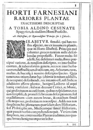 Horti Farnesiani Rariores Plantae Exactissime Descriptae A Tobia Aldino Cesenate Spagyrico, & eiusdem Horti Praefecto.