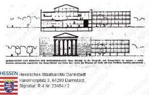 Darmstadt, Landestheater / Wiederaufbau / Querschnitt und Eingang für ein Konzert- und Kongresshaus mit Einbeziehung des Moller-Portikus'