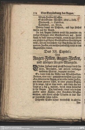 Das XII. Capitel; Von Augen-Fellen, Augen-Flecken, und übrigen Augen-Mangeln
