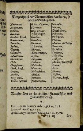 Register über die Lateinische/ Französische und Italienische Brieff.