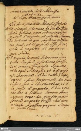 [Faszikel 1:] Avvertimenti delle medaglie antiche
