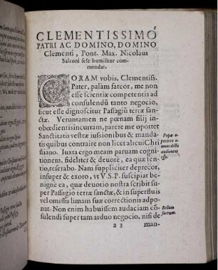 Clementissimo Patri Ac Domino, Domino Clementi, Pont. Max. Nicolaus Salconi sese humiliter commendat