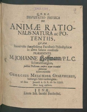 Disputatio Physica De Animae Rationalis Natura Ac Potentiis