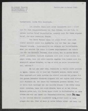 Brief von Joseph Chapiro an Margarete Hauptmann