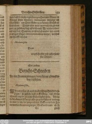 Ein ander Bericht-Schreiben An ein Frauenzimmer, von ihrem abwesenden Liebsten.