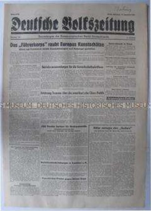 Tageszeitung der KPD "Deutsche Volkszeitung" u.a. zur Behandlung des Raubes europäischer Kunstschätze durch die Nazis während des Weltkrieges beim Nürnberger Prozess