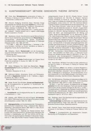 IV. Kunstwissenschaft. Methode. Geschichte. Theorie. Ästhetik