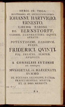 Heroi. in. Toga. Illustrissimo et. Excellentissimo. Iohanni. Hartvigio. Ernesto.