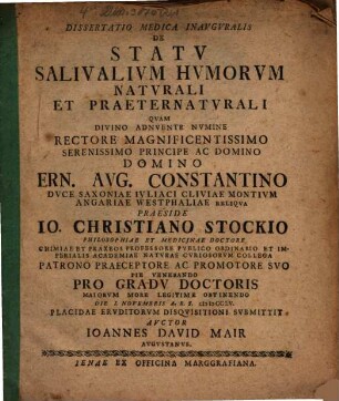 Diss. med. inaug. de statu salivalium humorum naturali et praeternaturali
