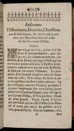 Reflexions Historiques,Morales,Chrestiennes & Politiques, sur les Considerations, que Monsieur Naudé a faites sur les coups d'Estat. Preface.