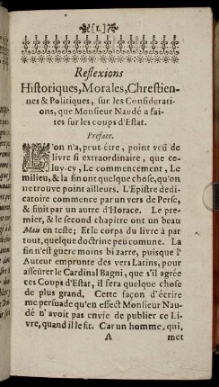 Reflexions Historiques,Morales,Chrestiennes & Politiques, sur les Considerations, que Monsieur Naudé a faites sur les coups d'Estat. Preface.