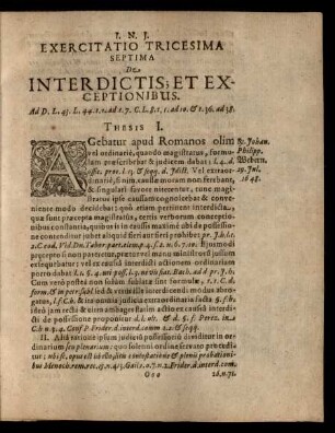 Exercitatio Tricesima Septima De Interdictis; Et Exceptionibus. Thesis I. - XLIII.