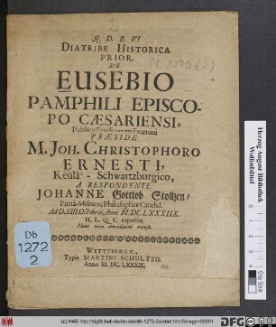Diatribe Historica Prior, De Eusebio Episcopo Caesariensi