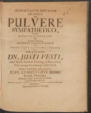 Disputatio Physico-Medica De Pulvere Sympathetico