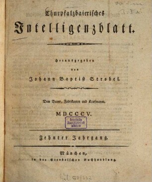 Churpfalzbaierisches Intelligenzblatt. 1805 = Jg. 10