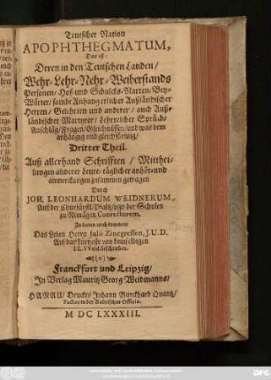3: Teutsche Apophthegmata das ist: Der Teutschen Scharfsinnige kluge Sprüche