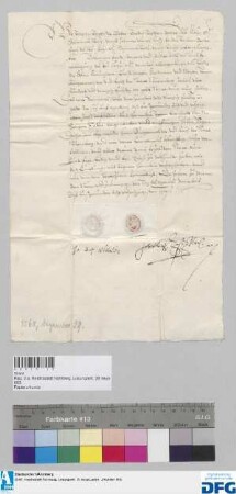 Dr. iur. utr. Johann Baptista Weber und Dr. iur. utr. Johann Ulrich Zasy, Geheimräte und letzterer auch Reichshofvizekanzler, stellen der Stadt Nürnberg Quittung aus über 440 fl. Stadtsteuer.