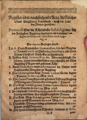Relation Uber deß Heil. Reichs Stadt Augspurg jetzigem erbärmlichen Zustand, In Jahren 1628. vnd 1629. vorgangen
