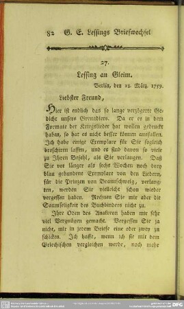 27. Lessing an Gleim. Berlin, den 18. März 1759