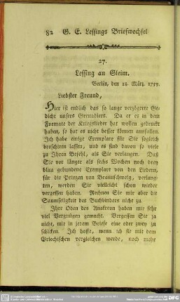 27. Lessing an Gleim. Berlin, den 18. März 1759