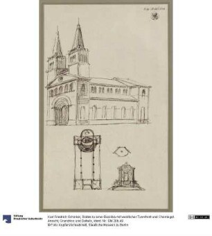 Skizze zu einer Basilika mit westlicher Turmfront und Chorriegel. Ansicht, Grundriss und Details