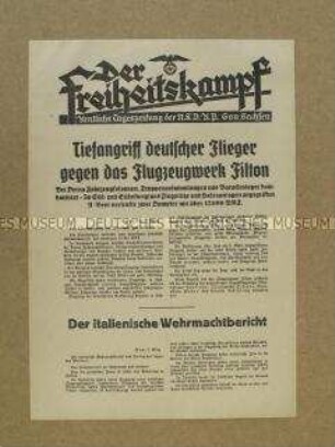 Nachrichtenblatt der Tageszeitung der NSDAP Sachsen "Der Freiheitskampf" zum deutschen Flugangriff im Südwesten Englands